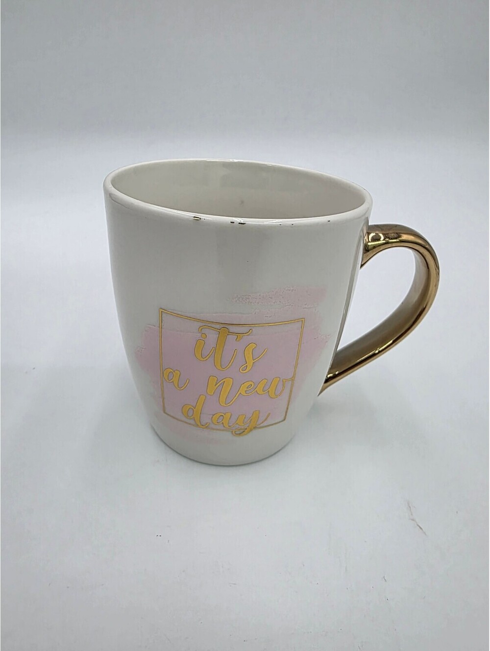 White Ceramic Mug with Gold Handle and Inspirational Quote